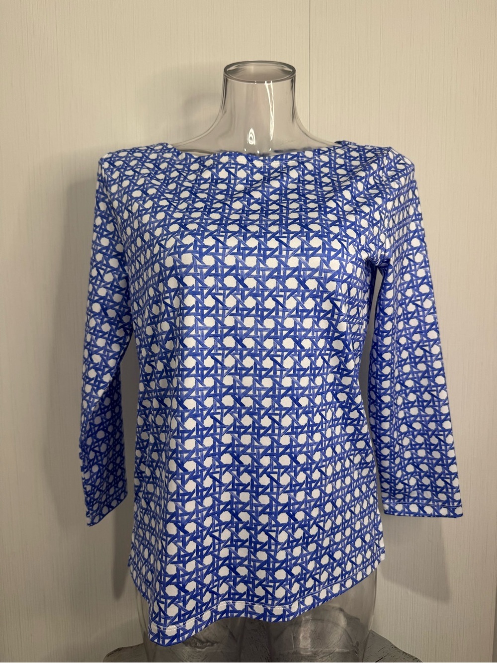 Vineyard Vines Basketweave Stretch Knit 3/4 Sleeve Top. Medium. Blue. White.
